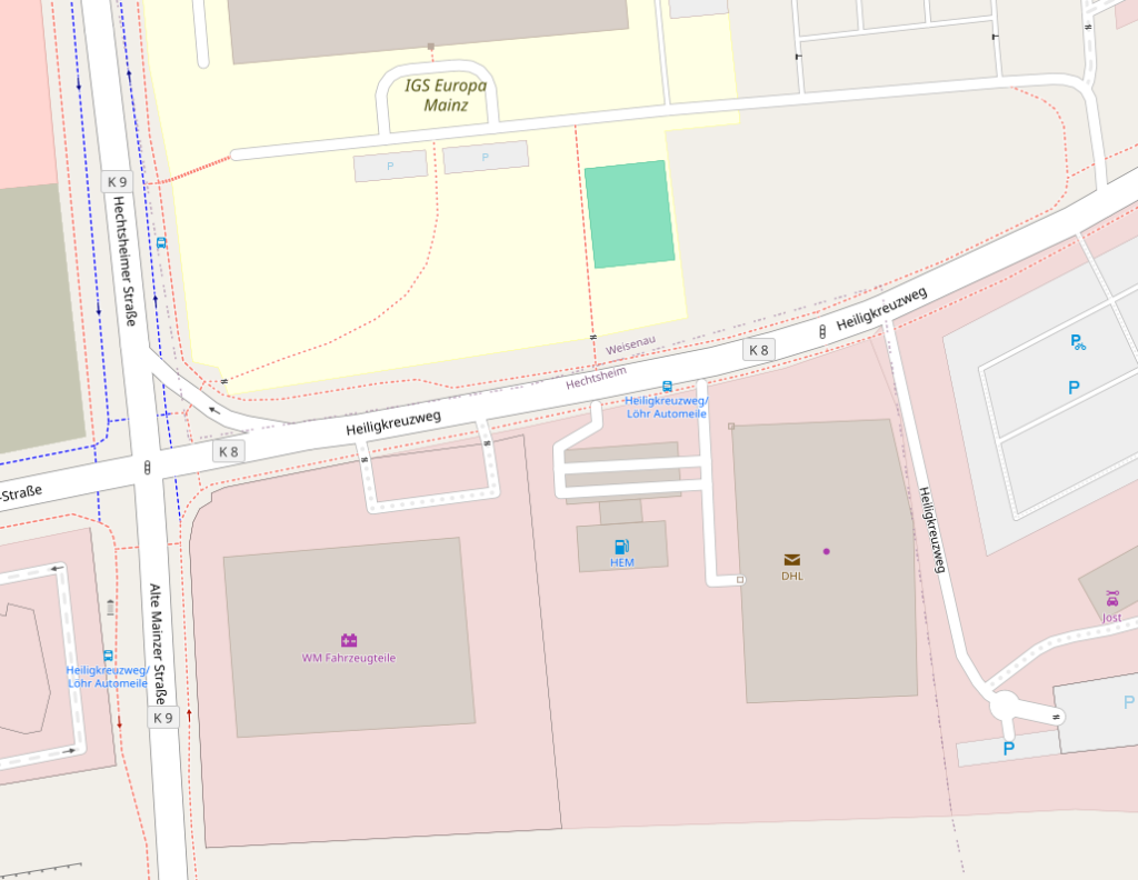 Karte der Kreuzung Heiligkreuzweg, Hechtsheimer Straße, Alte Mainzer Straße und Emy-Roeder-Straße mit der HEM-Tankstelle